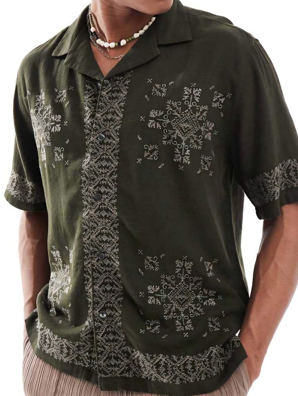 Abercrombie & Fitch Men's L Green EMBROIDERED Linen Blend Short Sleeve Shirt